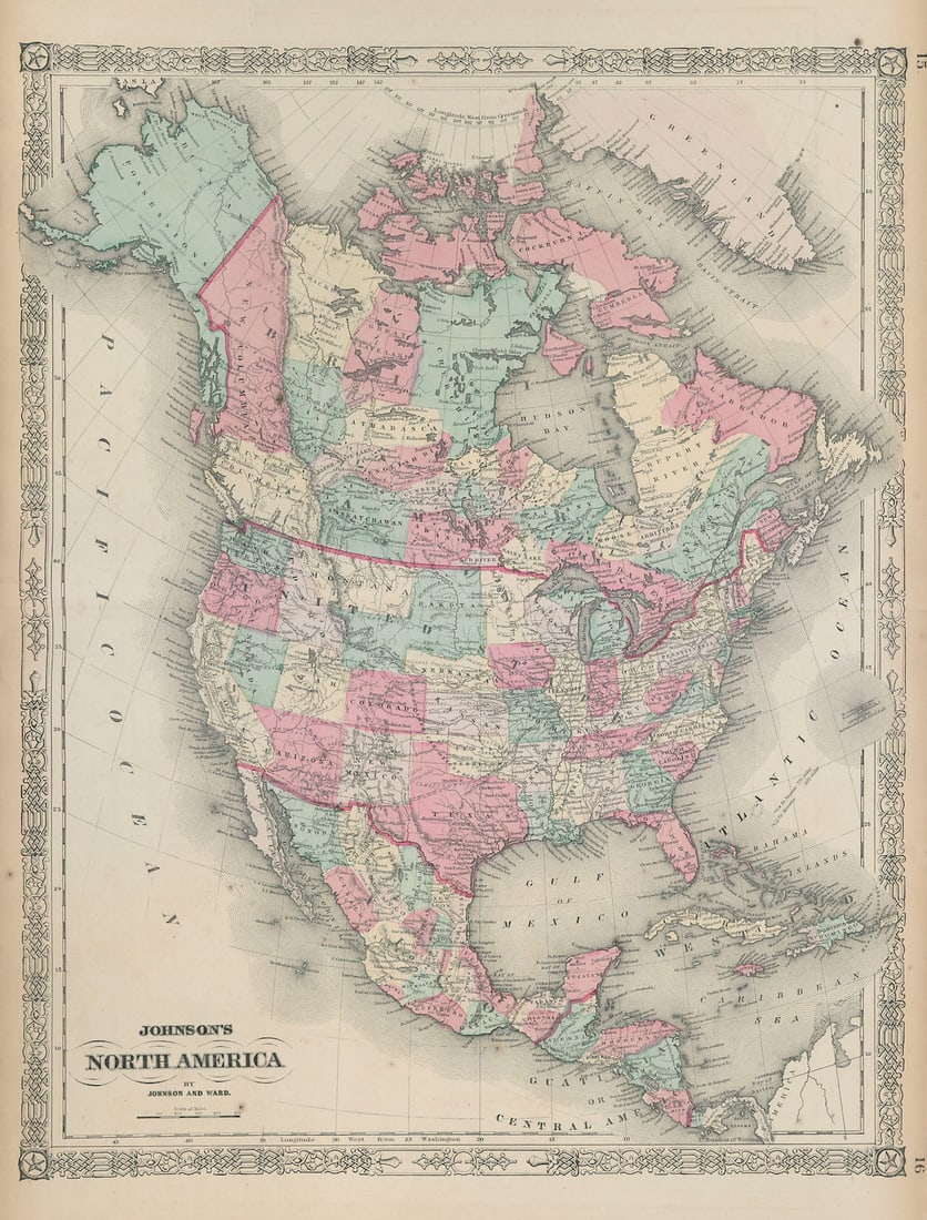 Johnson's North America. Russian Alaska Wyoming within Dakota Territory 1865 map: Title: Johnson's North America. Russian Alaska Wyoming within Dakota Territory 1865 map Description: Johnson's North America' by Johnson, Alvin Jewett. Published 1865. Large, decorative hand coloured