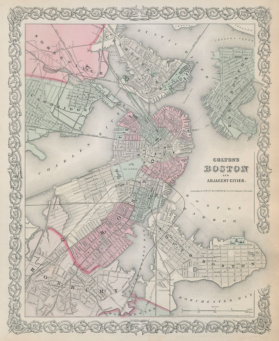 Boston and adjacent cities. Decorative antique town city plan. COLTON 1869 map (1 of 1)