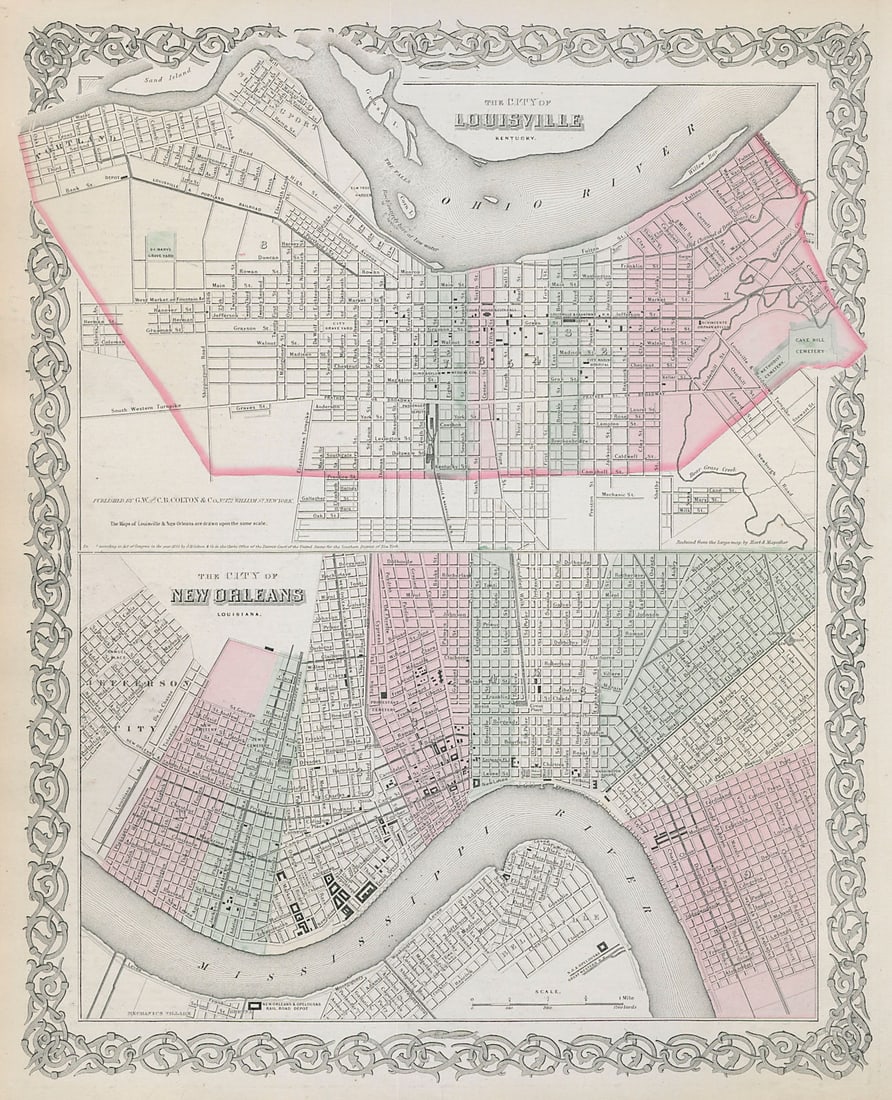Louisville, Kentucky & New Orleans, Louisiana antique city plans COLTON 1869 map (1 of 1)