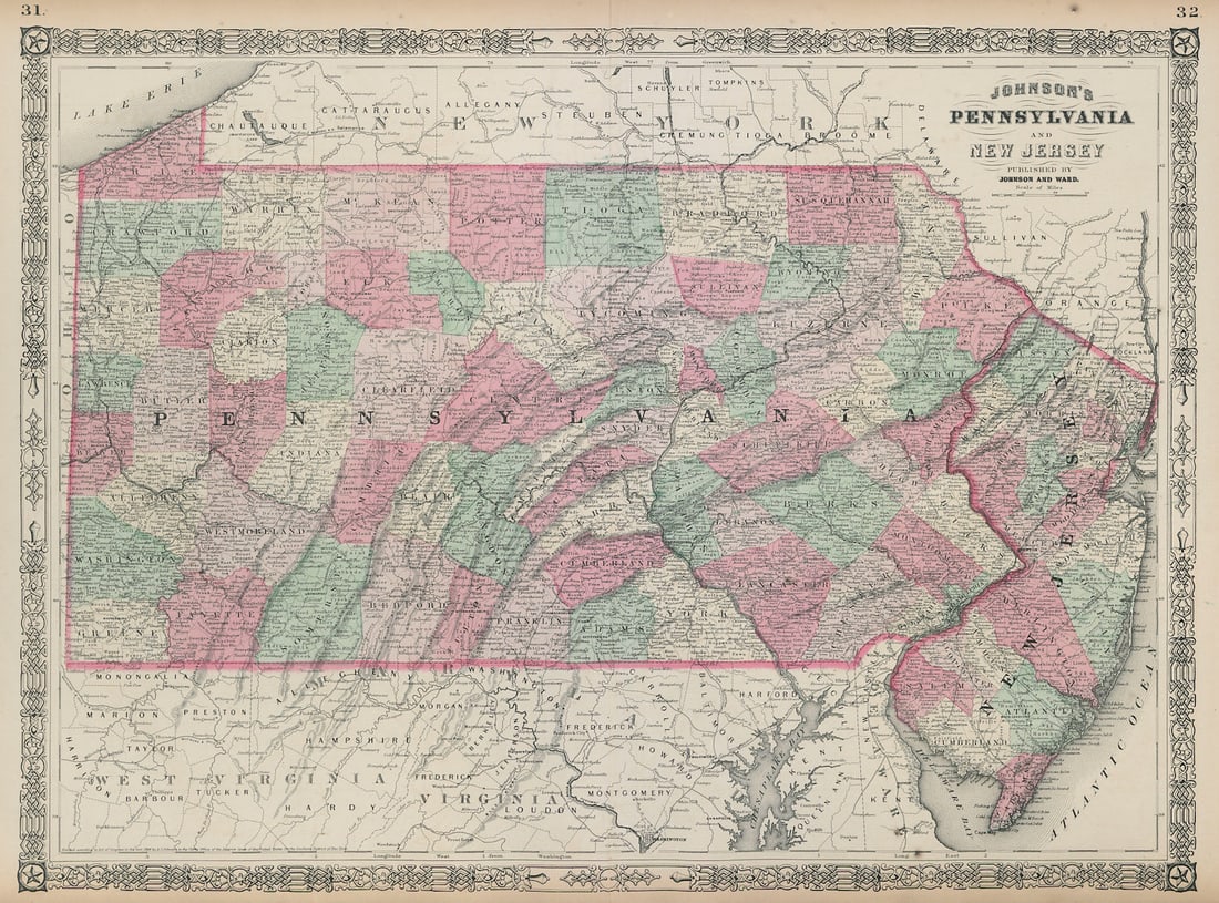 Johnson's Pennsylvania and New Jersey. US state map showing counties 1865: Title: Johnson's Pennsylvania and New Jersey. US state map showing counties 1865 Description: Johnson's Pennsylvania and New Jersey' by Johnson, Alvin Jewett. Published 1865. Large, decorative hand