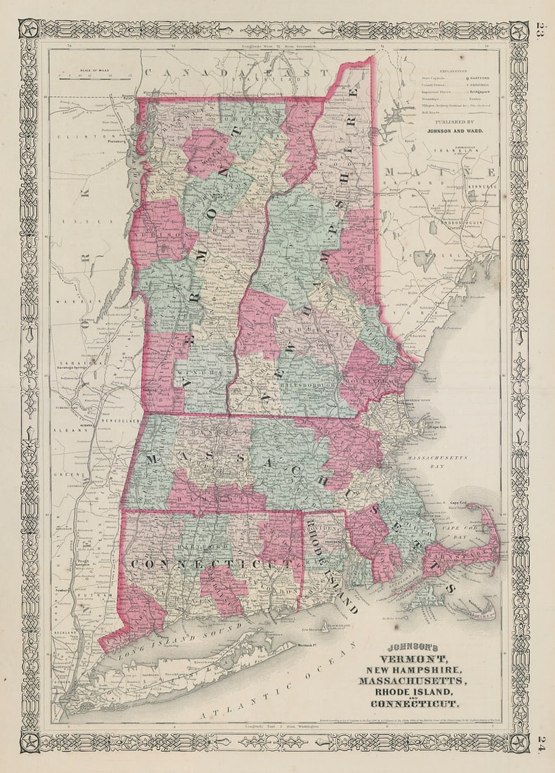 Johnson's Vermont New Hampshire Massachusetts Rhode Island Connecticut 1865 map (1 of 1)