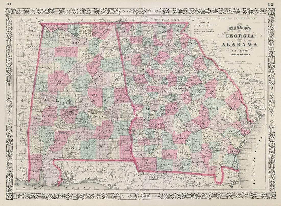 Johnson's Georgia & Alabama. US state map showing counties 1865 old: Title: Johnson's Georgia & Alabama. US state map showing counties 1865 old Description: Johnson's Georgia and Alabama' by Johnson, Alvin Jewett. Published 1865. Large, decorative hand coloured 19th