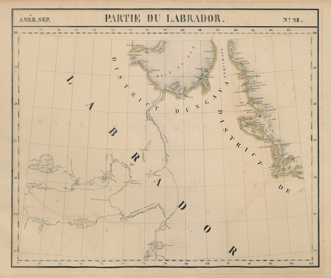 Amér. Sep. Partie du Labrador #28. Quebec Labrador north. VANDERMAELEN 1827 map: Title: Amér. Sep. Partie du Labrador #28. Quebec Labrador north. VANDERMAELEN 1827 map Description: Amér. Sep. - Partie du Labrador - No. 28'. The map covers most of the northern part of Que