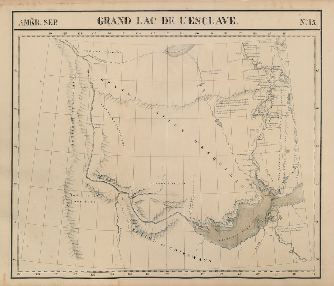 Amér. Sep. Grand Lac de l'Esclave #15. Great Slave Lake. VANDERMAELEN 1827 map: Title: Amér. Sep. Grand Lac de l'Esclave #15. Great Slave Lake. VANDERMAELEN 1827 map Description: Amér. Sep. - Grand Lac de l'Esclave - No. 15'. The map covers part of the Canadian