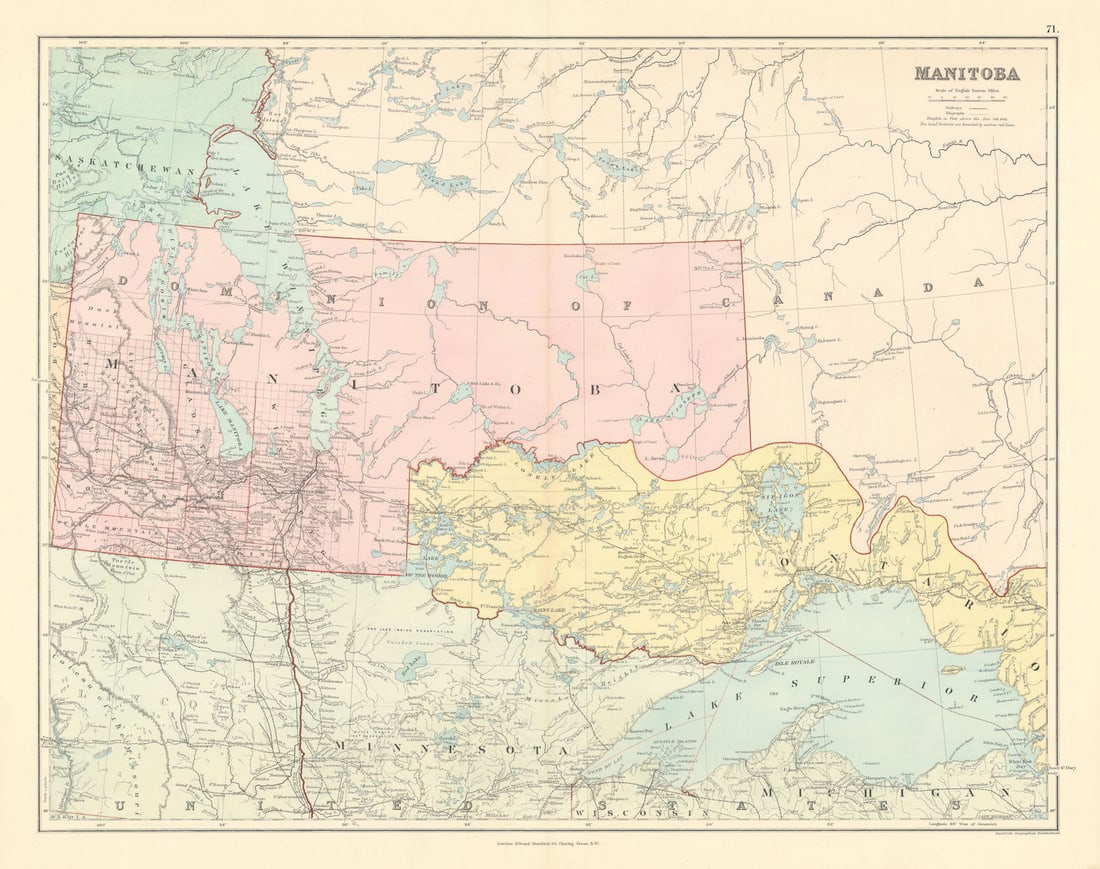 Manitoba showing unrecognised borders. 51x65cm. Canada. STANFORD 1887 old map: Title: Manitoba showing unrecognised borders. 51x65cm. Canada. STANFORD 1887 old map Description: Manitoba'. Stanford's Geographical Establishment. Published 1887. Large (folio) antique atlas map.