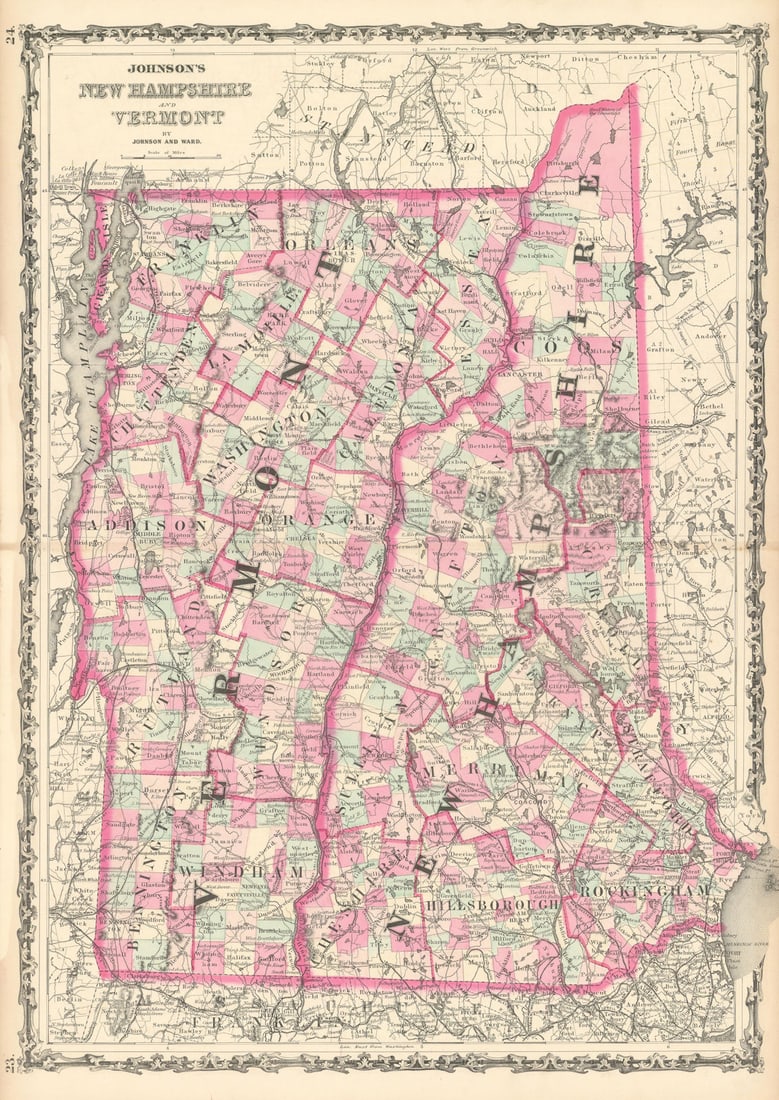 Johnson's New Hampshire & Vermont. US State map showing counties 1863 old (1 of 1)