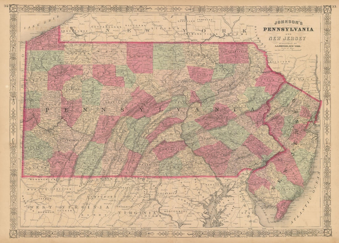 Johnson's Pennsylvania and New Jersey. US state map showing counties 1867 (1 of 1)