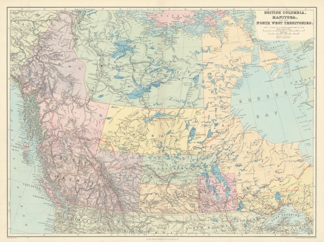 British Columbia & Northwest Territory. Manitoba Canada. STANFORD 1904 old map (1 of 1)