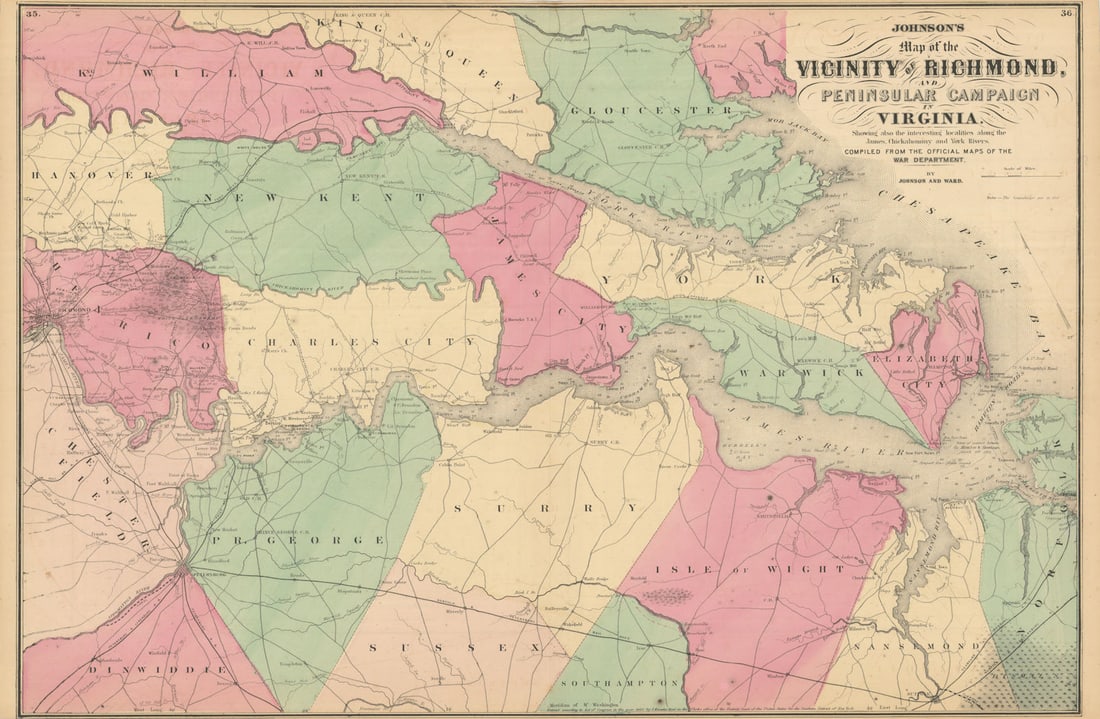 Vicinity of Richmond & Peninsular Campaign in Virginia. JOHNSON 1866 old map: Title: Vicinity of Richmond & Peninsular Campaign in Virginia. JOHNSON 1866 old map Description: Johnson's Map of the Vicinity of Richmond, and Peninsular Campaign in Virginia' by Johnson, Alvin Jewet