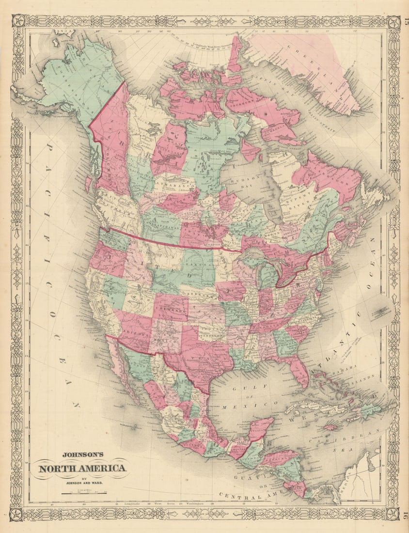 Johnson's North America. Russian Alaska Wyoming within Dakota Territory 1866 map: Title: Johnson's North America. Russian Alaska Wyoming within Dakota Territory 1866 map Description: Johnson's North America' by Johnson, Alvin Jewett. Published 1866. Large, decorative hand coloured 