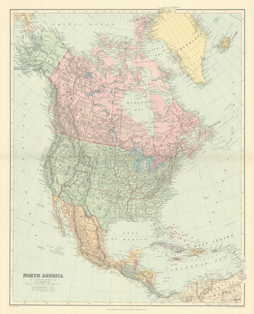 North America Manitoba postage stamp USA Canada. STANFORD 1894 old antique map: Title: North America Manitoba postage stamp USA Canada. STANFORD 1894 old antique map Description: North America'. Stanford's Geographical Establishment. Published 1894. Large (folio) antique atlas ma