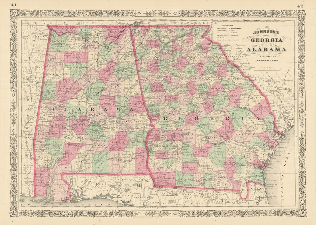 Johnson's Georgia & Alabama. US state map showing counties 1866 old (1 of 1)