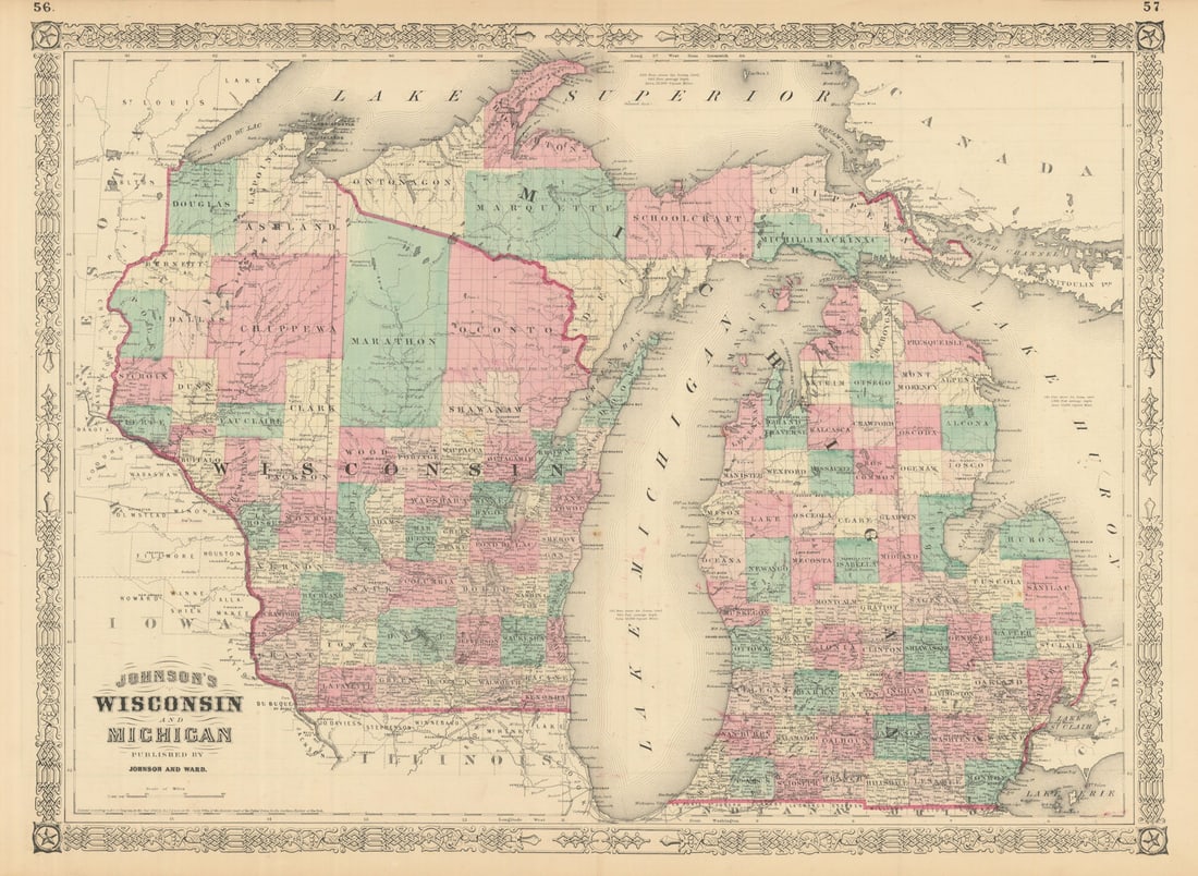 Johnson's Wisconsin & Michigan. State map showing counties. Great Lakes 1866 (1 of 1)