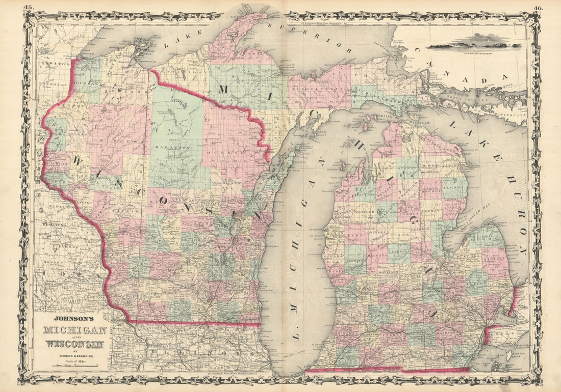 Johnson's Wisconsin & Michigan. State map showing counties. Great Lakes 1861: Title: Johnson's Wisconsin & Michigan. State map showing counties. Great Lakes 1861 Description: Johnson's Michigan and Wisconsin' by Johnson, Alvin Jewett. Published 1861. Large, decorative hand