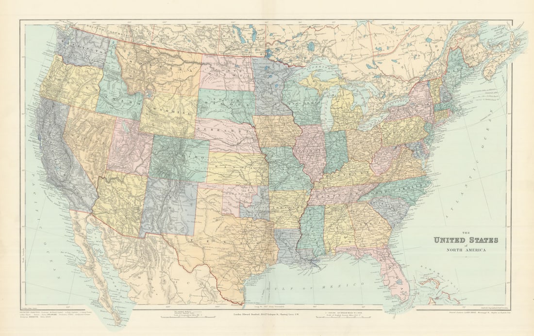 United States of America. North Dakota named State of Lincoln. STANFORD 1894 map: Title: United States of America. North Dakota named State of Lincoln. STANFORD 1894 map Description: The United States of North America'. Stanford's Geographical Establishment. Published 1894. Large