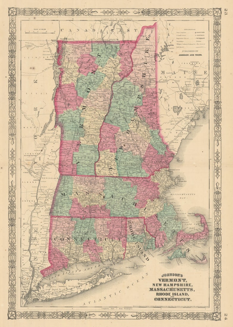 Johnson's Vermont New Hampshire Massachusetts Rhode Island Connecticut 1866 map (1 of 1)