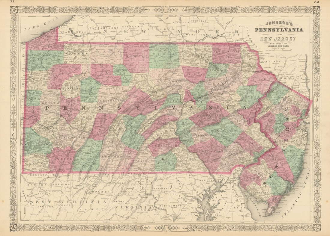 Johnson's Pennsylvania and New Jersey. US state map showing counties 1866: Title: Johnson's Pennsylvania and New Jersey. US state map showing counties 1866 Description: Johnson's Pennsylvania and New Jersey' by Johnson, Alvin Jewett. Published 1866. Large, decorative hand