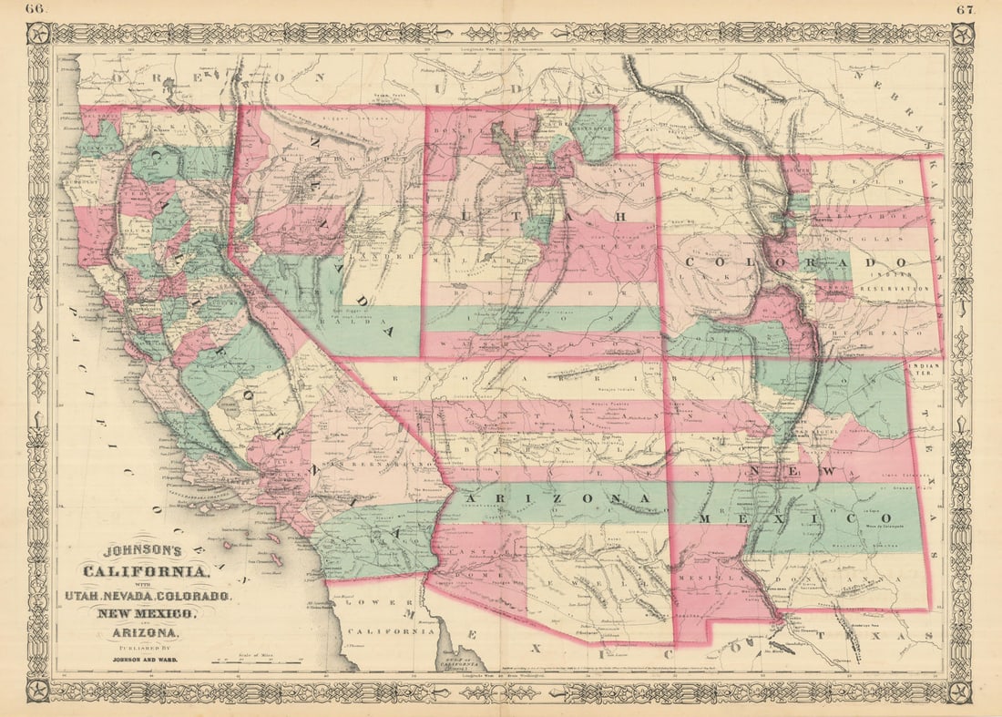 Johnson's California with Utah, Nevada, Colorado, New Mexico & Arizona 1866 map: Title: Johnson's California with Utah, Nevada, Colorado, New Mexico & Arizona 1866 map Description: Johnson's California, with Utah, Nevada, Colorado, New Mexico and Arizona' by Johnson, Alvin Jewett.