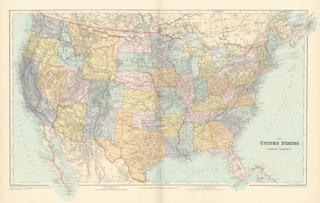 United States of America. North Dakota named State of Lincoln. STANFORD 1896 map: Title: United States of America. North Dakota named State of Lincoln. STANFORD 1896 map Description: The United States of North America'. Stanford's Geographical Establishment. Published 1896. Large