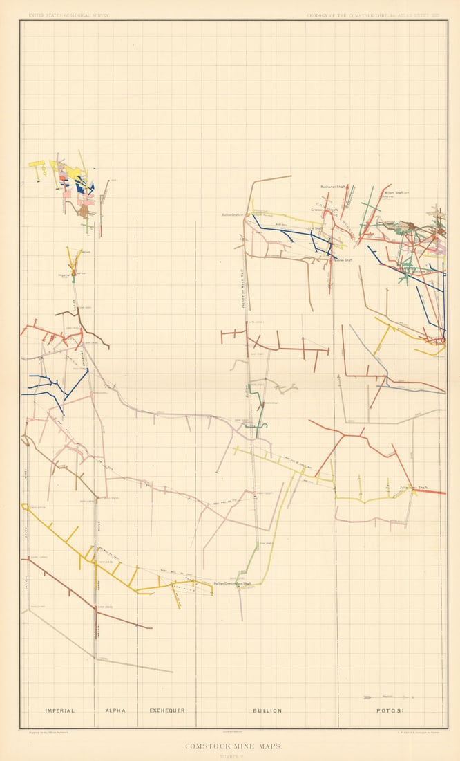 Comstock Silver Lode Mine Map 5 Potosi, Bullion, Exchequer, Alpha, Imperial 1882 (1 of 1)