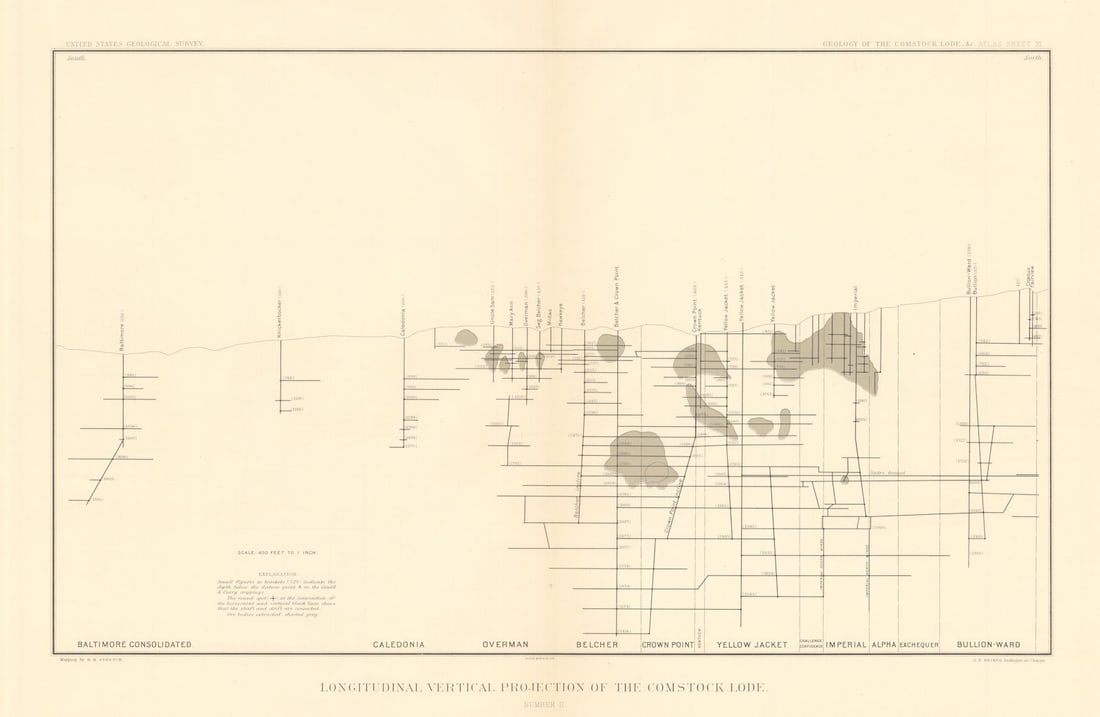 Comstock Silver Lode Vertical Section ore-bodies Bullion Ward-Baltimore 1882 map (1 of 1)