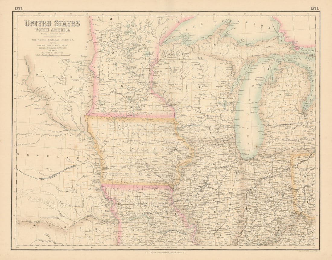 United States Midwest. Dacotah Minnesota Wisconsin Iowa. FULLARTON c1863 map: Title: United States Midwest. Dacotah Minnesota Wisconsin Iowa. FULLARTON c1863 map Description: United States of North America According to Calvin Smith & Tanner. The North Central Section.