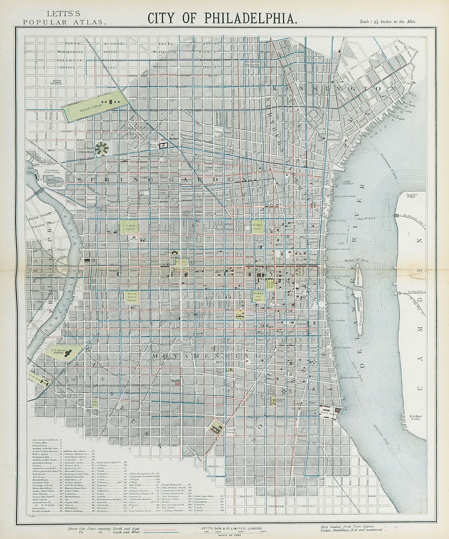 PHILADELPHIA antique town city map plan. Streetcar lines. LETTS 1883 old: Title: PHILADELPHIA antique town city map plan. Streetcar lines. LETTS 1883 old Description: City of Philadelphia'. Published by Letts & Co. Most of the plates used for this atlas were original