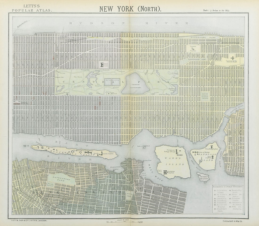 NEW YORK CITY town map plan. Midtown/Upper Manhattan Brooklyn. LETTS 1883: Title: NEW YORK CITY town map plan. Midtown/Upper Manhattan Brooklyn. LETTS 1883 Description: New York North Sheet'. Published by Letts & Co. Most of the plates used for this atlas were original