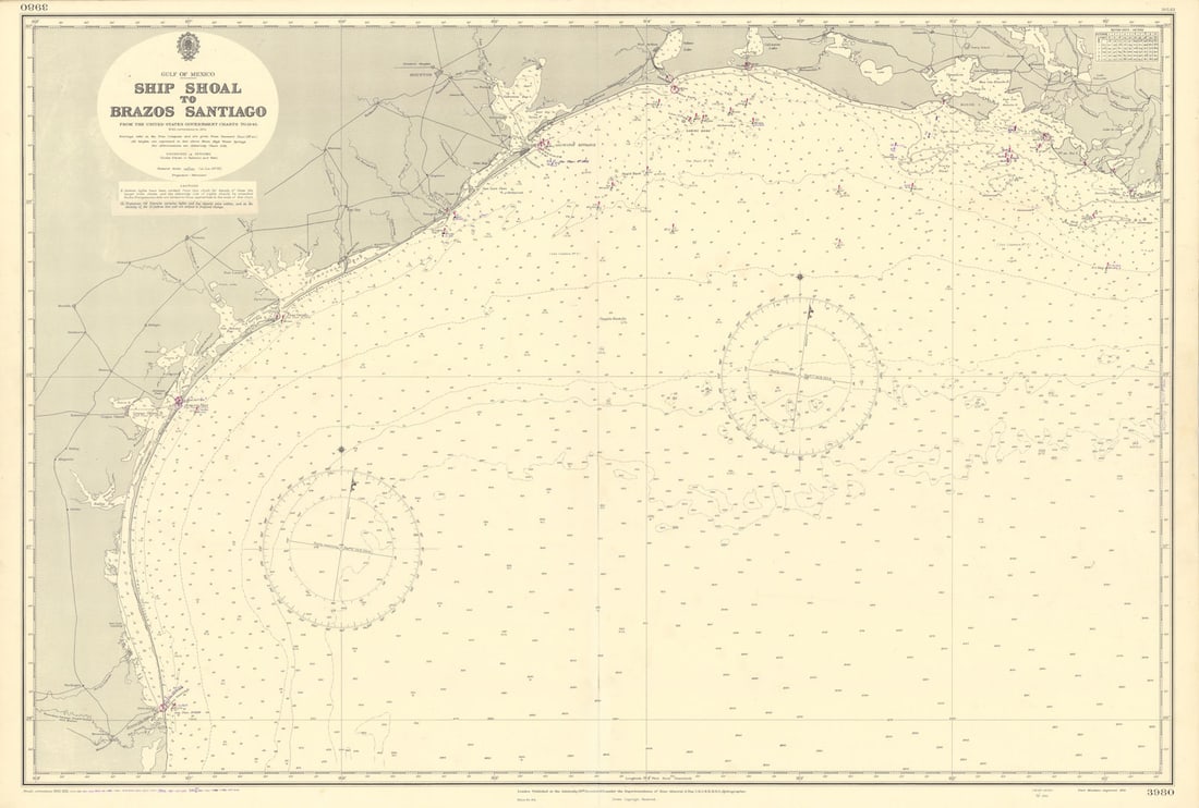 Texas & Louisiana coast. Gulf of Mexico. ADMIRALTY sea chart 1951 (1955) map: Title: Texas & Louisiana coast. Gulf of Mexico. ADMIRALTY sea chart 1951 (1955) map Description: Gulf of Mexico - Ship Shoal to Brazos Santiago'. From the United States Government charts to 1943 with 