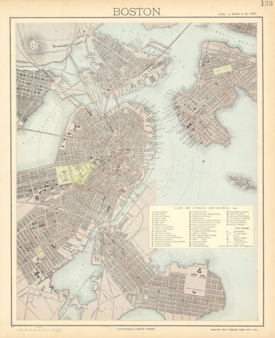 BOSTON antique town city map plan. Charlestown. LETTS 1892 old: Title: BOSTON antique town city map plan. Charlestown. LETTS 1892 old Description: Boston'. Published by George Gill & Sons. Most of the plates used for this atlas were original engraved for the SDUK 
