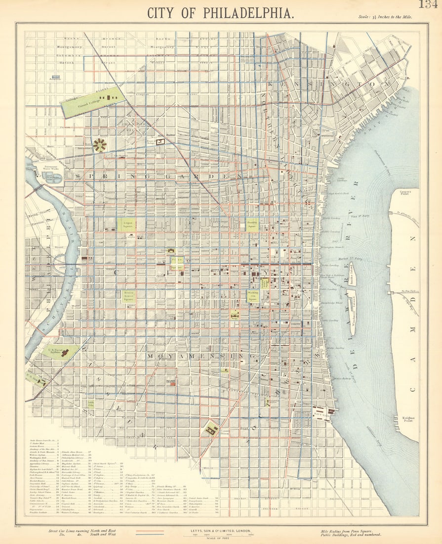 PHILADELPHIA antique town city map plan. Streetcar lines. LETTS 1892 old: Title: PHILADELPHIA antique town city map plan. Streetcar lines. LETTS 1892 old Description: City of Philadelphia'. Published by George Gill & Sons. Most of the plates used for this atlas were origina