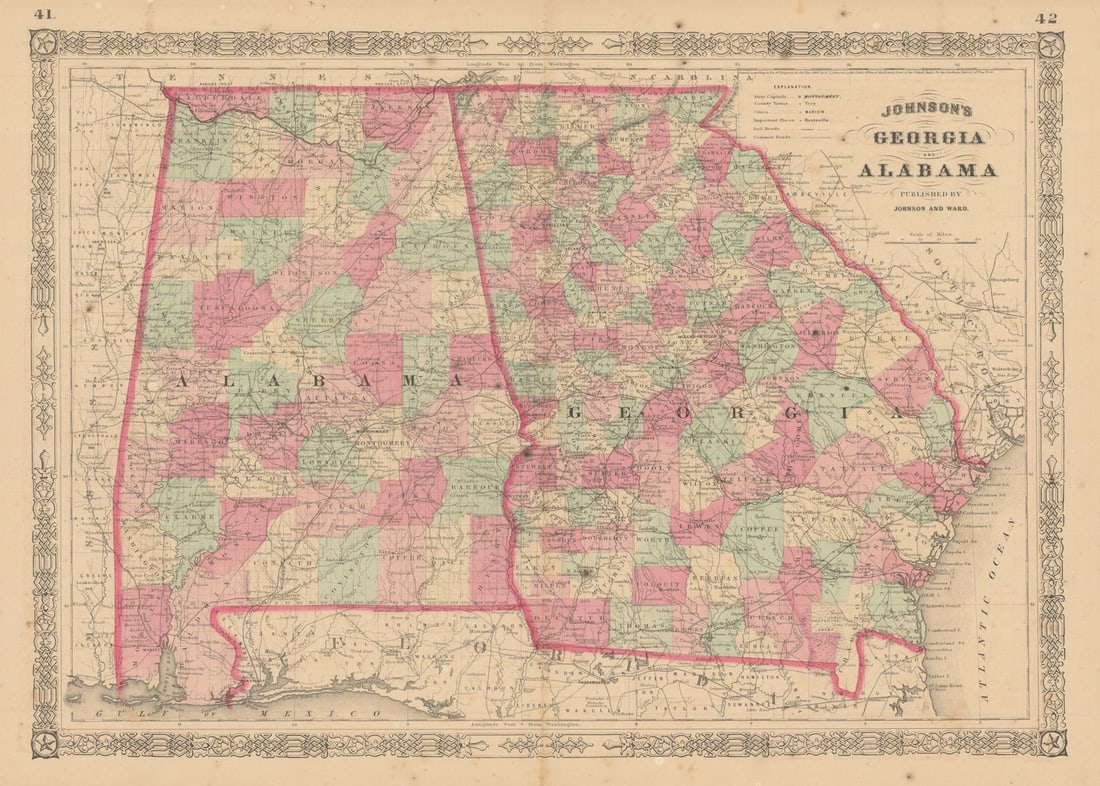 Johnson's Georgia & Alabama. US state map showing counties 1865 old: Title: Johnson's Georgia & Alabama. US state map showing counties 1865 old Description: Johnson's Georgia and Alabama' by Johnson, Alvin Jewett. Published 1865. Large, decorative hand coloured 19th