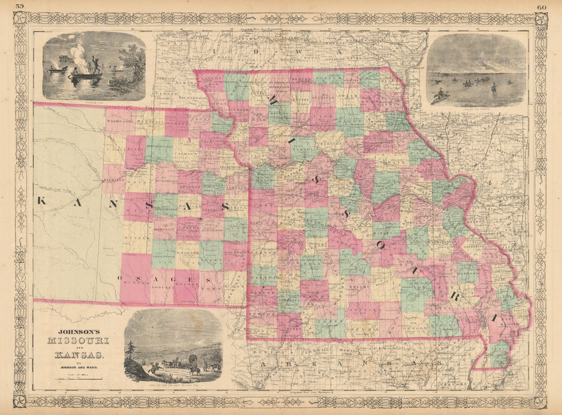 Johnson's Missouri & Kansas. US state map showing counties 1865 old (1 of 1)