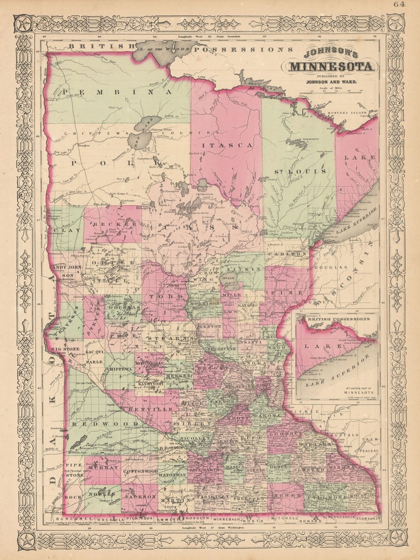 Johnson's Minnesota. US state map showing counties. Johnson & Ward 1865: Title: Johnson's Minnesota. US state map showing counties. Johnson & Ward 1865 Description: Johnson's Minnesota' by Johnson, Alvin Jewett. Published 1865. Large, decorative hand coloured 19th century