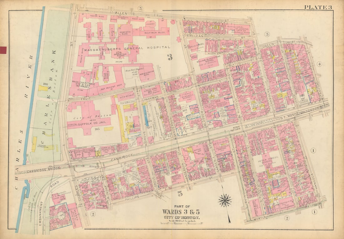 Boston #3 West End / Beacon Hill. MGH / Charlesbank. BROMLEY 1928 old map: Title: Boston #3 West End / Beacon Hill. MGH / Charlesbank. BROMLEY 1928 old map Description: Plate 3 - Part of Wards 3 and 5 - City of Boston [West End / Beacon Hill]. This map was prepared for fire 
