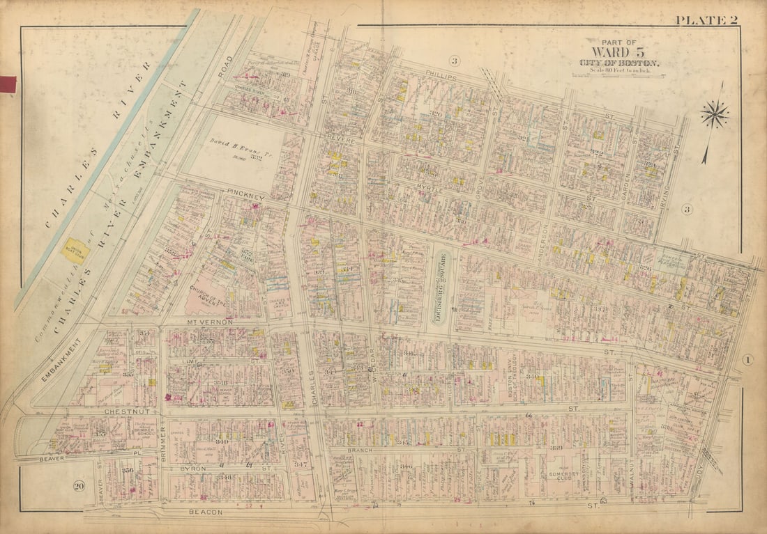 Boston #2 Beacon Hill. Charles River Esplanades. Louisburg Sq. BROMLEY 1928 map: Title: Boston #2 Beacon Hill. Charles River Esplanades. Louisburg Sq. BROMLEY 1928 map Description: Plate 2 - Part of Ward 5 - City of Boston [Beacon Hill (west)]. This map was prepared for fire insur