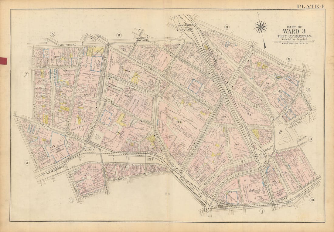 Boston #4 West End / Government Center. Bowdoin. Haymarket. BROMLEY 1928 map: Title: Boston #4 West End / Government Center. Bowdoin. Haymarket. BROMLEY 1928 map Description: Plate 4 - Part of Ward 3 - City of Boston [West End / Government Center]. This map was prepared for fir