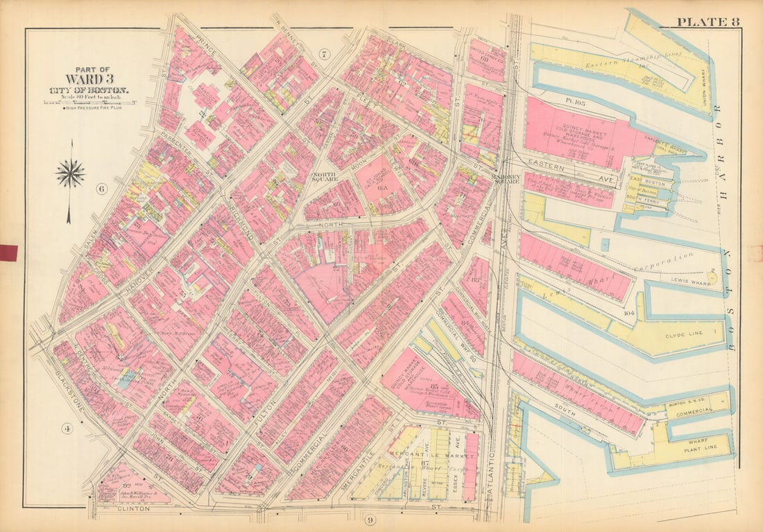 Boston #8 North End east. North Square. Waterfront & wharves. BROMLEY 1928 map: Title: Boston #8 North End east. North Square. Waterfront & wharves. BROMLEY 1928 map Description: Plate 8 - Part of Ward 3 - City of Boston [North End (central and eastern parts)]. This map was prepa