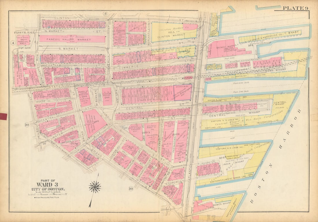 Boston #9 Downtown/Waterfront/Financial District. Faneuil Hall. BROMLEY 1928 map: Title: Boston #9 Downtown/Waterfront/Financial District. Faneuil Hall. BROMLEY 1928 map Description: Plate 9 - Part of Ward 3 - City of Boston [North End / Downtown / Waterfront (Central Wharf, Long W