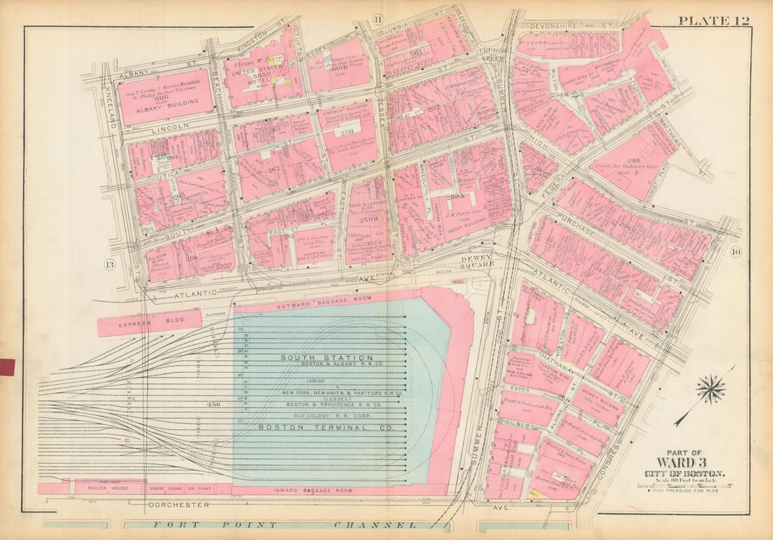 Boston #12 South Station/Dewey Sq. Leather/Financial Districts. BROMLEY 1928 map: Title: Boston #12 South Station/Dewey Sq. Leather/Financial Districts. BROMLEY 1928 map Description: Plate 12 - Part of Ward 3 - City of Boston [South Station area, Downtown Waterfront, Leather Distri