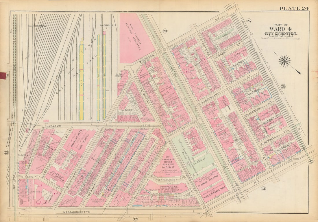Boston #24 Back Bay. Christian Science Plaza Horticultural Hall BROMLEY 1928 map: Title: Boston #24 Back Bay. Christian Science Plaza Horticultural Hall BROMLEY 1928 map Description: Plate 24 - Part of Ward 4 - City of Boston [Back Bay (East of Mass. Avenue, north of Carleton Stree