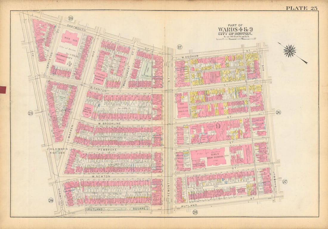 Boston #25 South End. Columbus Ave/Square to Shawmut Ave. BROMLEY 1928 old map (1 of 1)