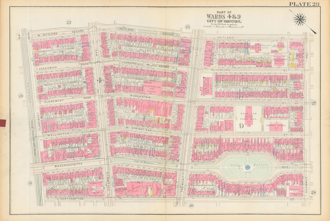 Boston #28 South End/Roxbury. Chester Sq. Claremont-Shawmut. BROMLEY 1928 map: Title: Boston #28 South End/Roxbury. Chester Sq. Claremont-Shawmut. BROMLEY 1928 map Description: Plate 28 - Part of Wards 4 and 9 - City of Boston [South End /Roxbury border (Claremont to Shawmut Ave