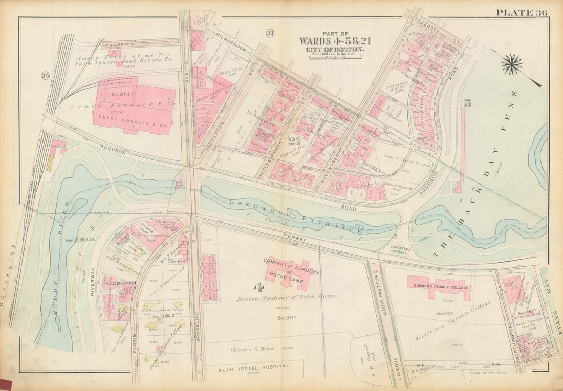 Boston #36 Fenway, Back Bay Fens & Longwood Medical Area. BROMLEY 1928 old map: Title: Boston #36 Fenway, Back Bay Fens & Longwood Medical Area. BROMLEY 1928 old map Description: Plate 36 - Part of Wards 4, 5 and 21 - City of Boston [Fenway, West Fens, Longwood Medical Area]. Thi