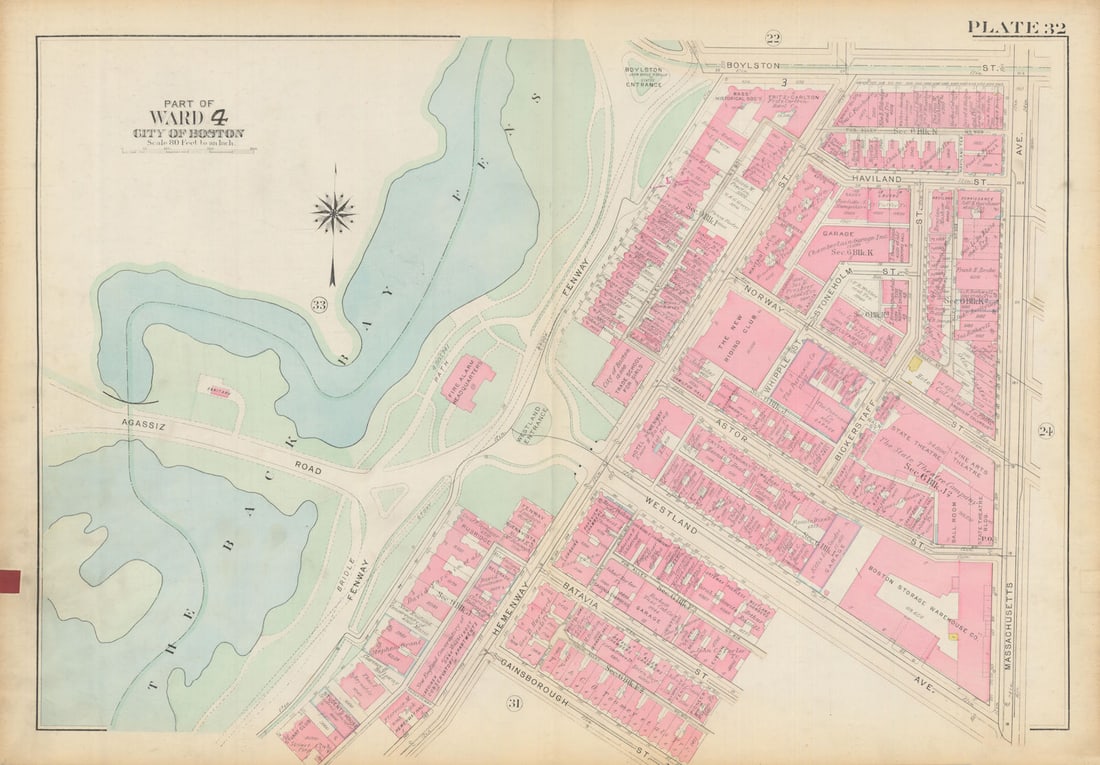 Boston #32 Fenway & Back Bay Fens. Westland Avenue & Hemenway. BROMLEY 1928 map: Title: Boston #32 Fenway & Back Bay Fens. Westland Avenue & Hemenway. BROMLEY 1928 map Description: Plate 32 - Part of Ward 4 - City of Boston [Fenway district, Back Bay Fens (Westland Avenue)]. This 