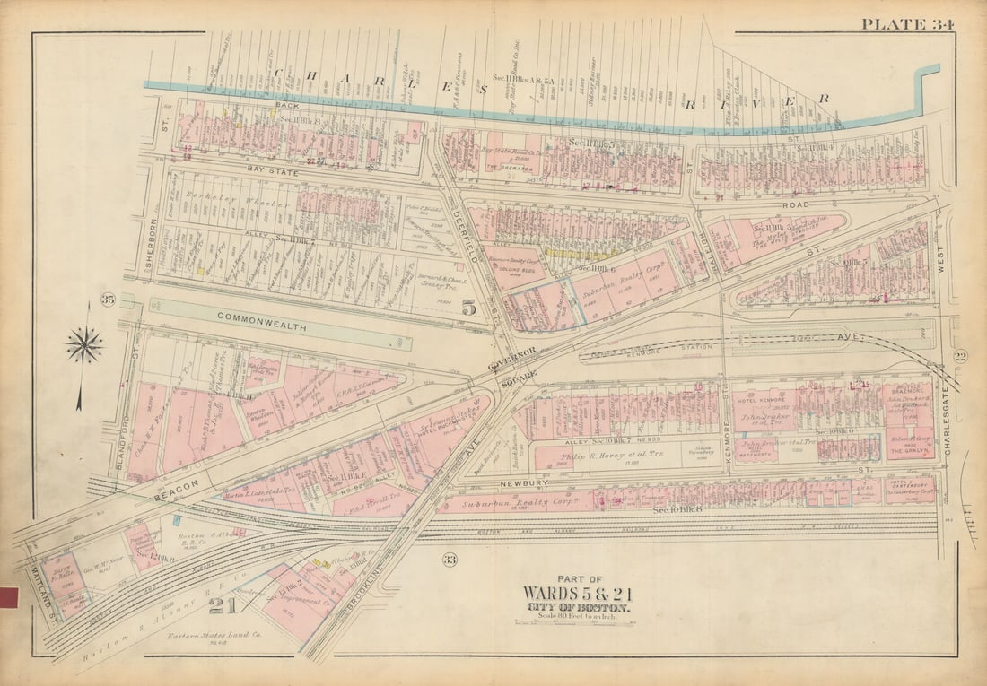 Boston #34 Fenway/Kenmore. Governor Square. Commonwealth Ave. BROMLEY 1928 map: Title: Boston #34 Fenway/Kenmore. Governor Square. Commonwealth Ave. BROMLEY 1928 map Description: Plate 34 - Part of Wards 5 and 21 - City of Boston [Fenway, Kenmore Square and rail approaches]. This