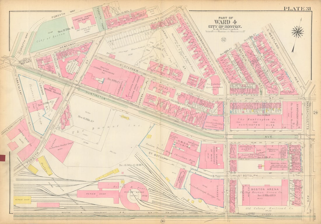 Boston #31 Fenway/NEU. Opera Place. Symphony Hall. Huntington. BROMLEY 1928 map: Title: Boston #31 Fenway/NEU. Opera Place. Symphony Hall. Huntington. BROMLEY 1928 map Description: Plate 31 - Part of Ward 4 - City of Boston [Fenway (Northeastern University)]. This map was prepared