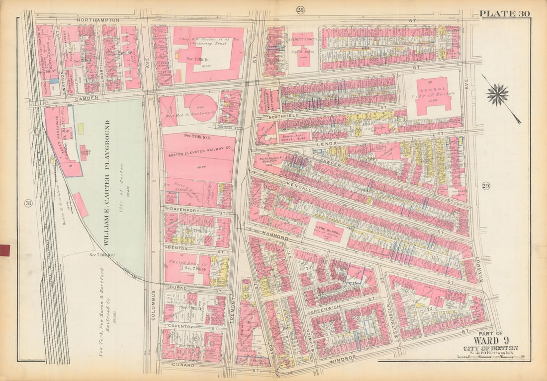 Boston #30 Roxbury/Lower South End. Carter Playground/Columbus. BROMLEY 1928 map: Title: Boston #30 Roxbury/Lower South End. Carter Playground/Columbus. BROMLEY 1928 map Description: Plate 30 - Part of Ward 9 - City of Boston [Roxbury / Lower South End border]. This map was prepare