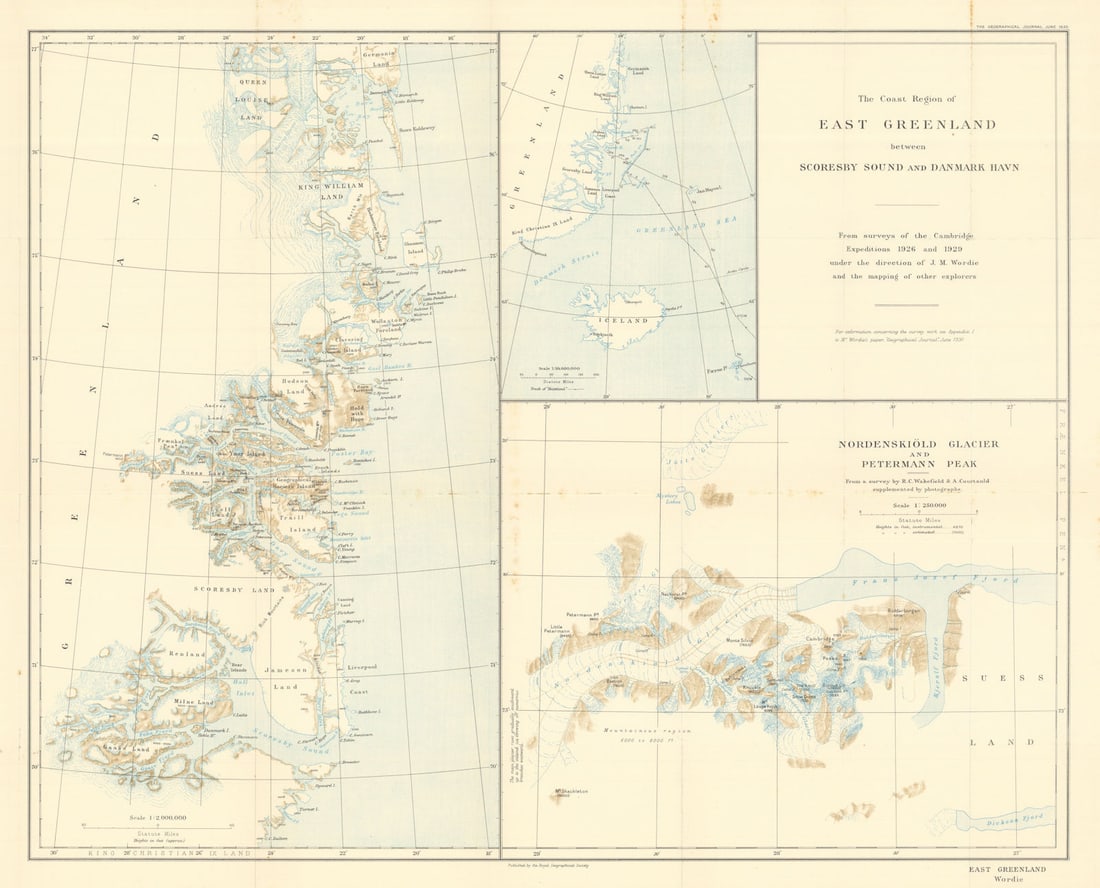 East Greenland Scoresby to Danmark Havn Wordie/Cambridge expedition/RGS 1930 map: Title: East Greenland Scoresby to Danmark Havn Wordie/Cambridge expedition/RGS 1930 map Description: The Coast Region of East Greenland Between Scoresby Sound and Danmark Havn (from surveys of the