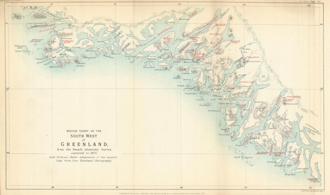 Greenland medieval Norse colonies. Bardsen's Chorography sites per Rafn 1873 map: Title: Greenland medieval Norse colonies. Bardsen's Chorography sites per Rafn 1873 map Description: Sketch Chart of the South West of Greenland from the Danish Admiralty Survey corrected to 1873, wit